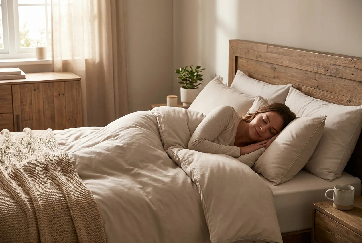A high-quality, professional, and comforting photograph of a woman sleeping peacefully in a comfortable wooden bed.