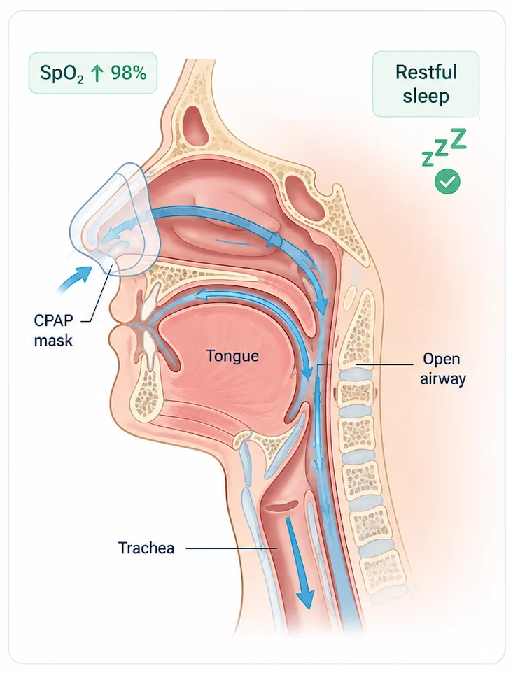 Cross-section illustration showing CPAP support keeping the airway open during sleep.