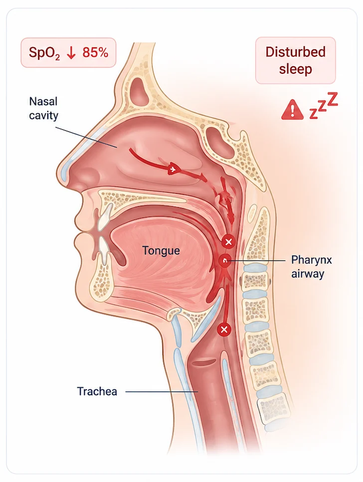 Cross-section illustration showing the airway narrowing during sleep apnea without treatment.